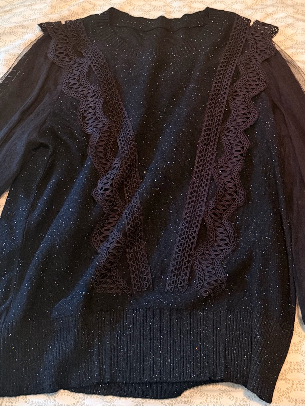 Sparkle Black Lace-Trim Women's Sweater with Sheer lace sleeves